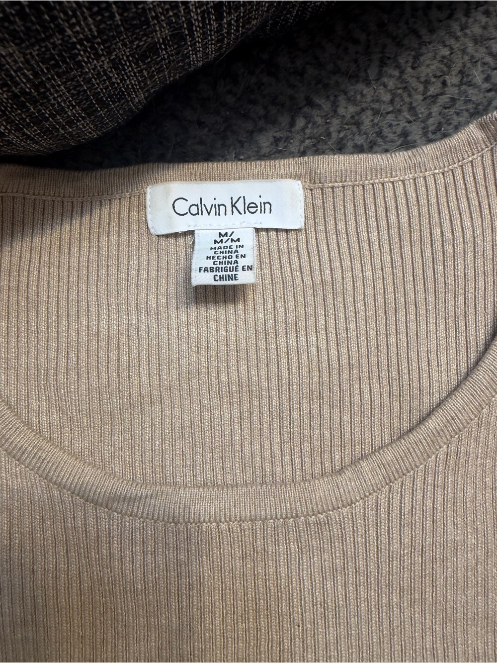 Calvin Klein Women’s Ribbed Crewneck Sweater - Taupe Beige with white trim